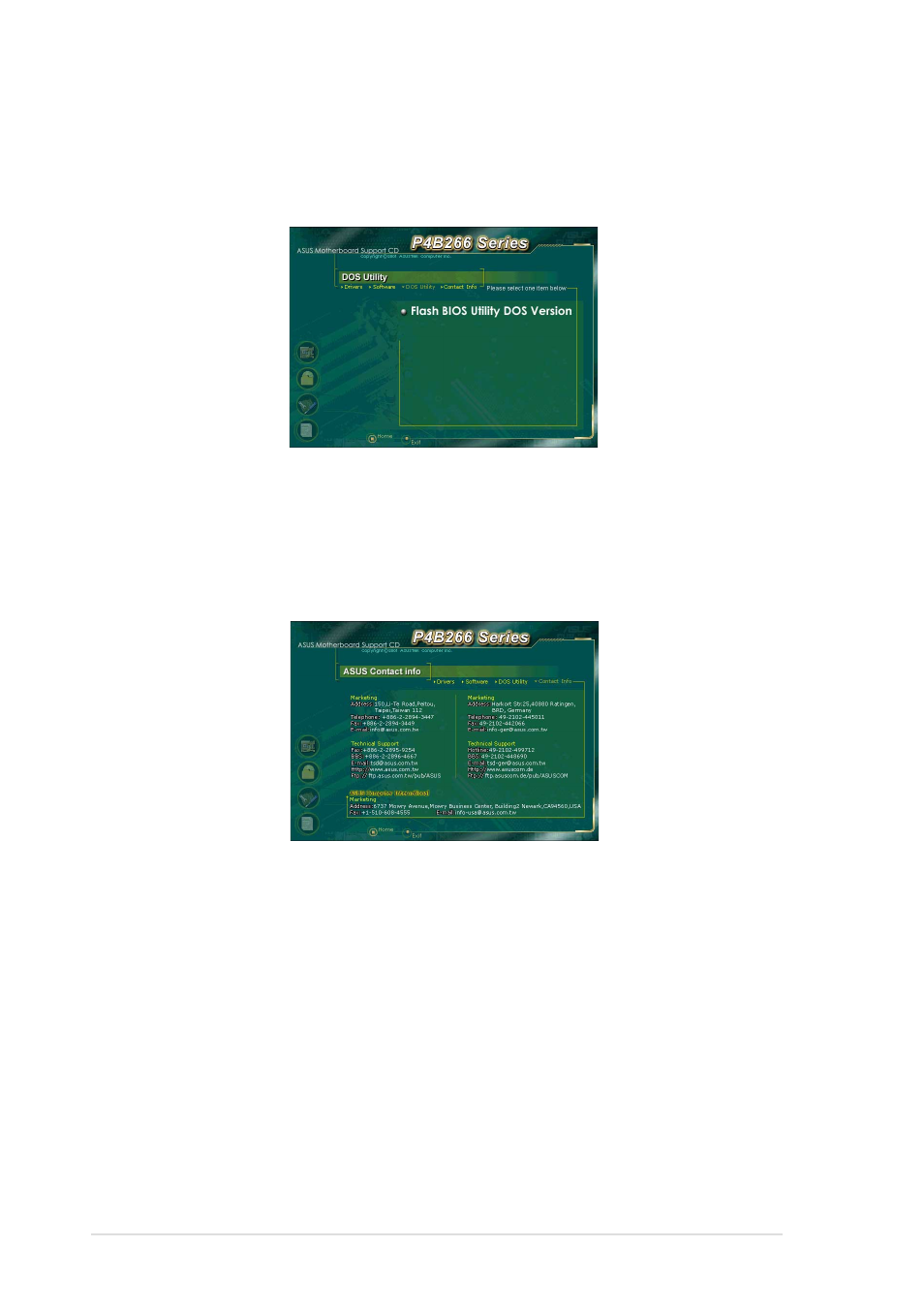 6 asus contact information, 5 dos utility menu | Asus P4B266 User Manual | Page 106 / 128