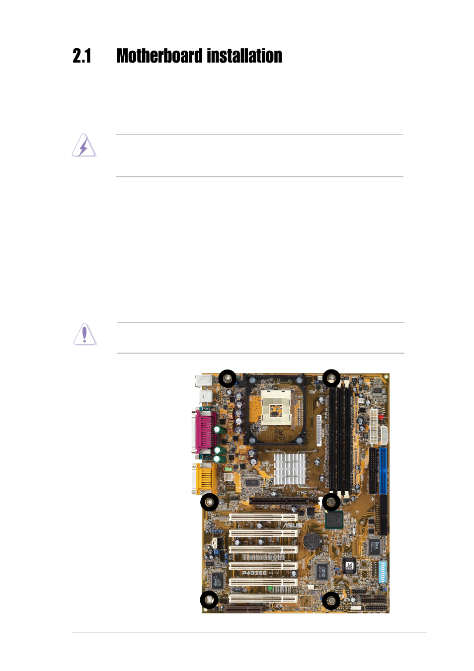 1 motherboard installation, 1 placement direction, 2 screw holes | Asus P4B266 User Manual | Page 23 / 128