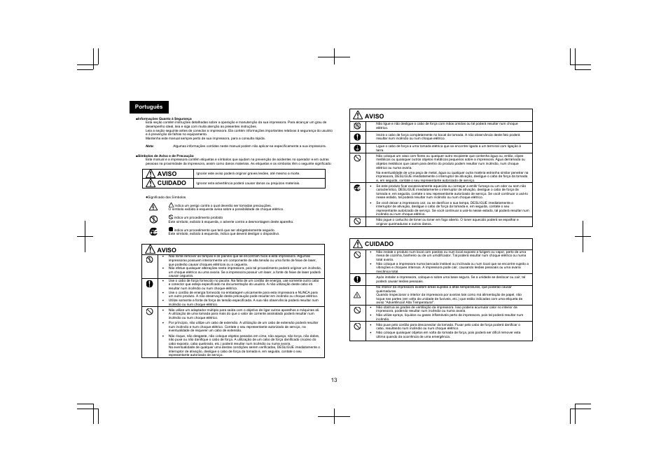13 português, Aviso, Cuidado | Konica Minolta PagePro 5650EN User Manual | Page 12 / 46