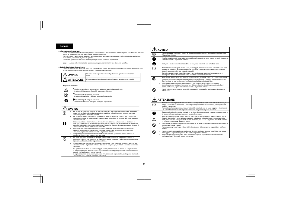 9 italiano, Avviso, Attenzione | Konica Minolta PagePro 5650EN User Manual | Page 8 / 46
