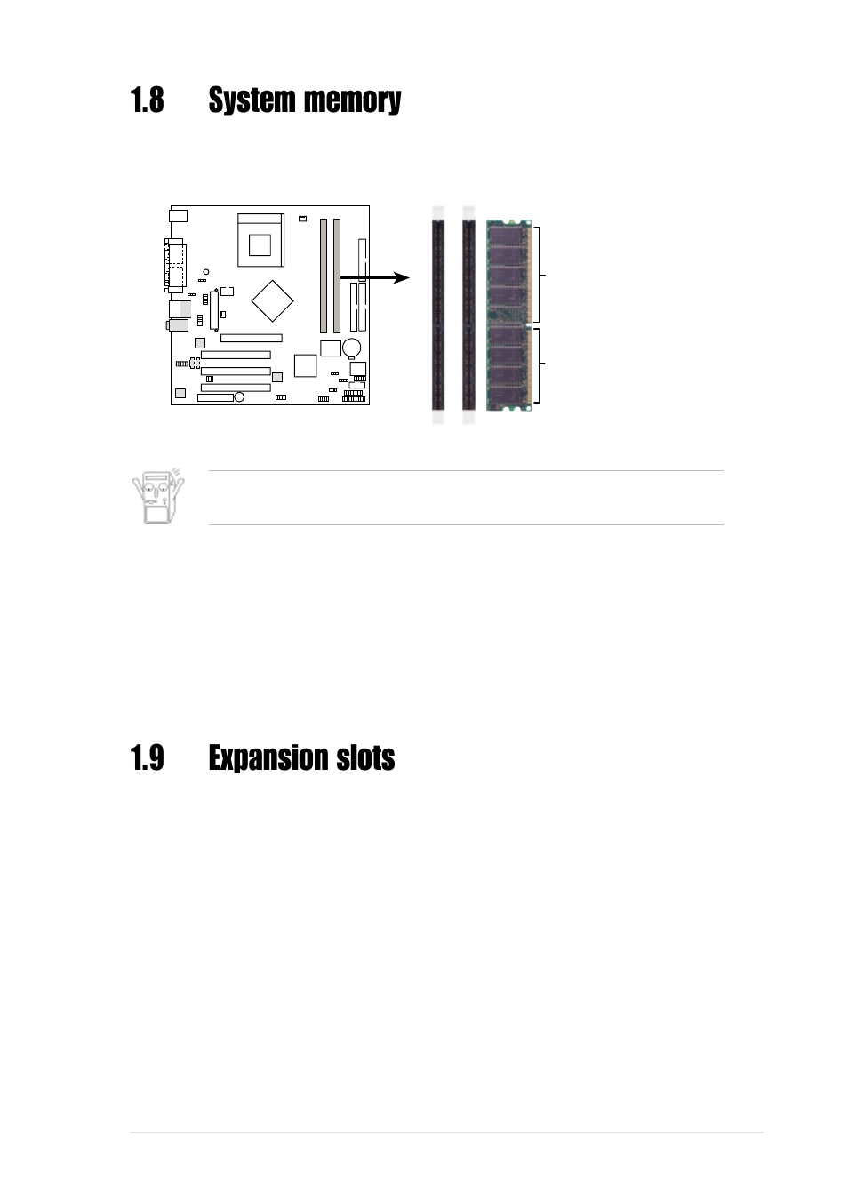 9 expansion slots, 1 configuring an expansion card, 1 installing a dimm | Asus Motherboard A7N8X-VM User Manual | Page 19 / 64