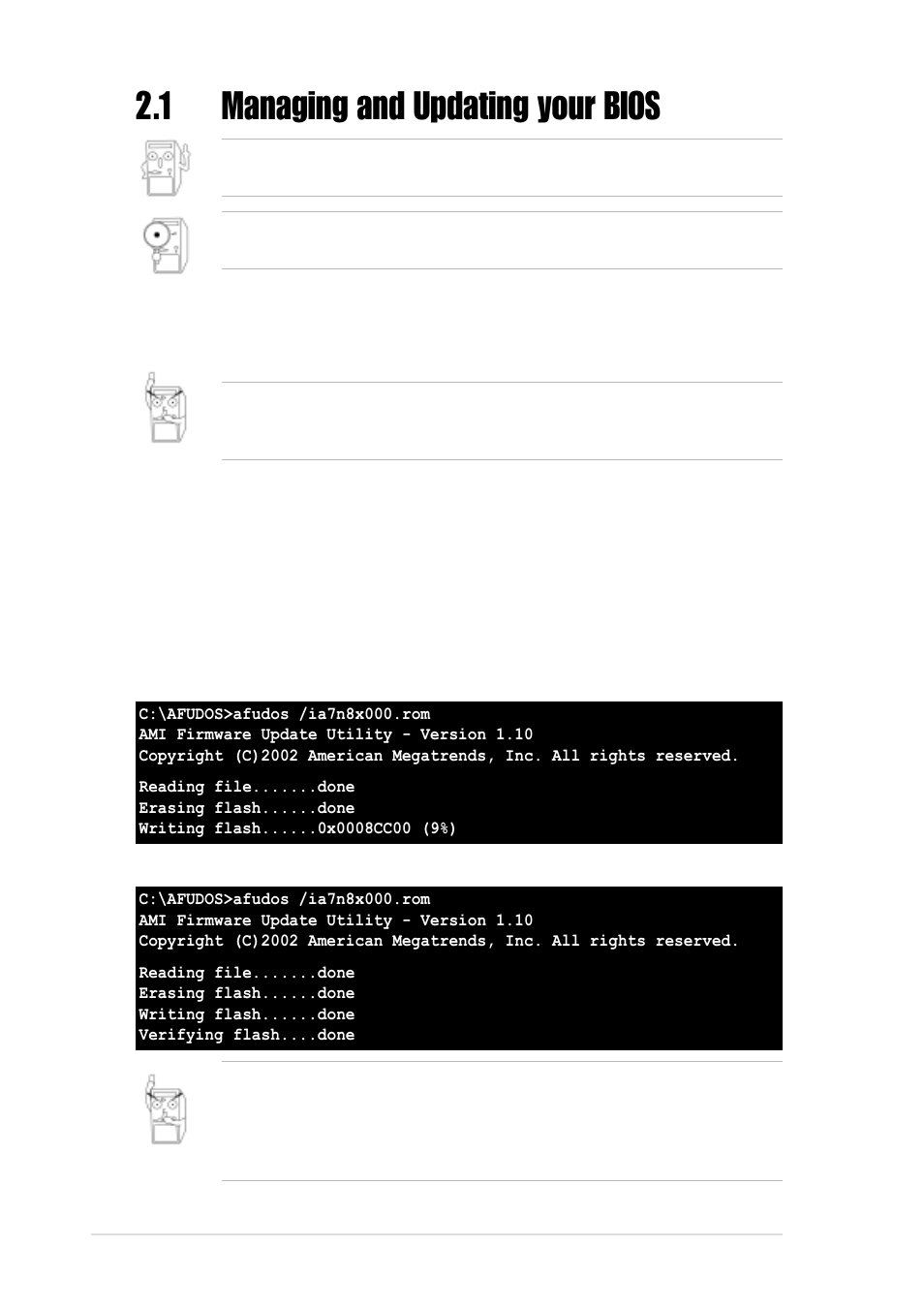 1 managing and updating your bios, 1 using afudos to update the bios | Asus Motherboard A7N8X-VM User Manual | Page 34 / 64