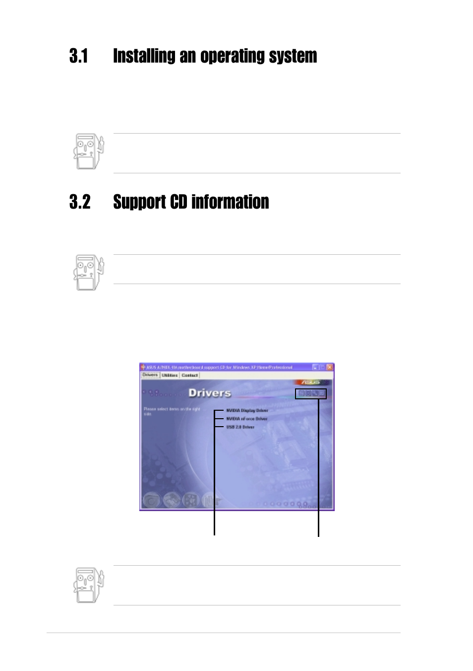 1 installing an operating system, 2 support cd information, 1 running the support cd | Asus Motherboard A7N8X-VM User Manual | Page 54 / 64