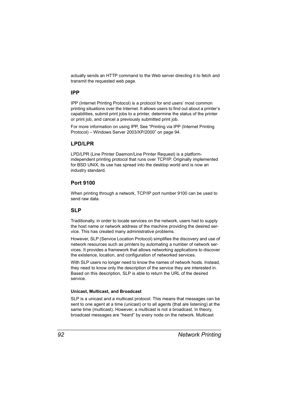 Lpd/lpr, Port 9100, Ipp 92 lpd/lpr 92 port 9100 92 slp 92 | Konica Minolta magicolor 2530DL User Manual | Page 100 / 144