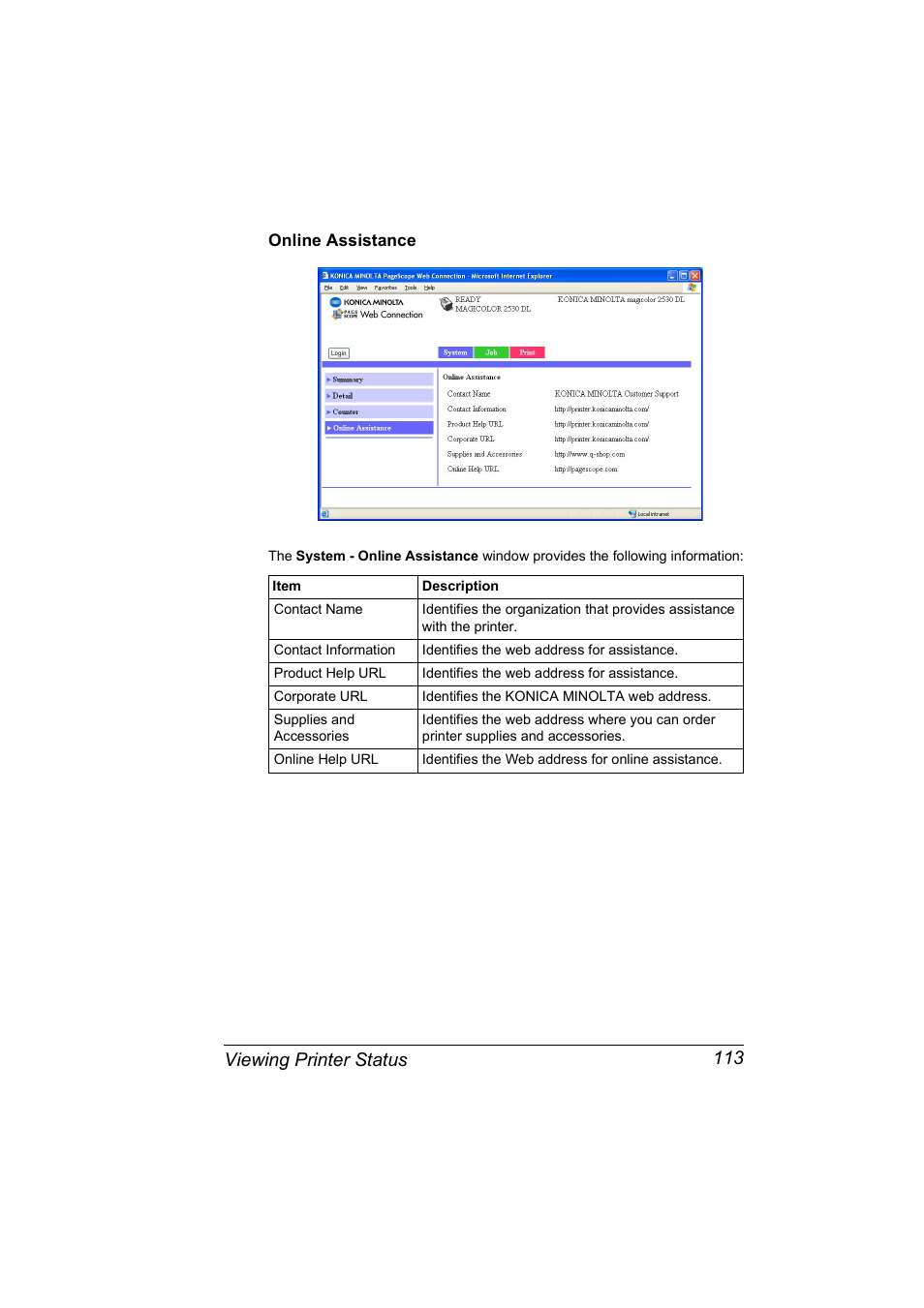 Online assistance, Online assistance 113, Viewing printer status 113 | Konica Minolta magicolor 2530DL User Manual | Page 121 / 144