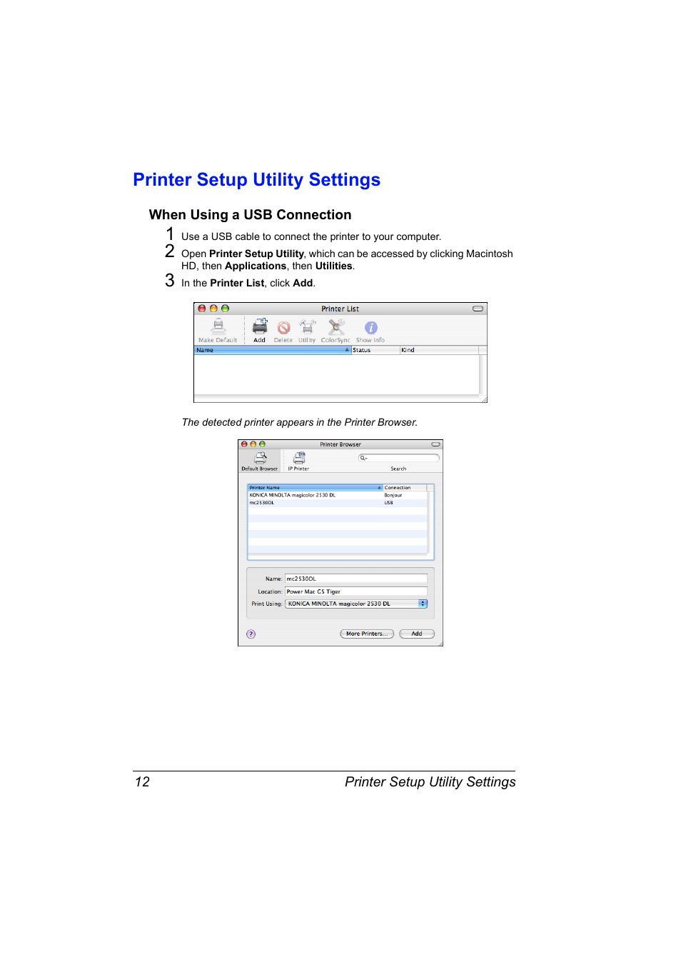 Printer setup utility settings, When using a usb connection, Printer setup utility settings 12 | When using a usb connection 12 | Konica Minolta magicolor 2530DL User Manual | Page 20 / 144