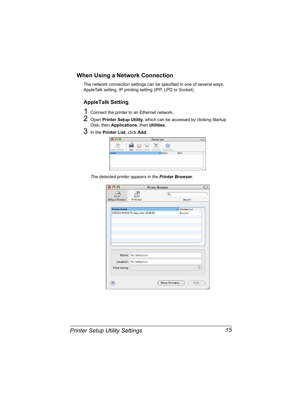 When using a network connection, Appletalk setting, When using a network connection 15 | Appletalk setting 15 | Konica Minolta magicolor 2530DL User Manual | Page 23 / 144