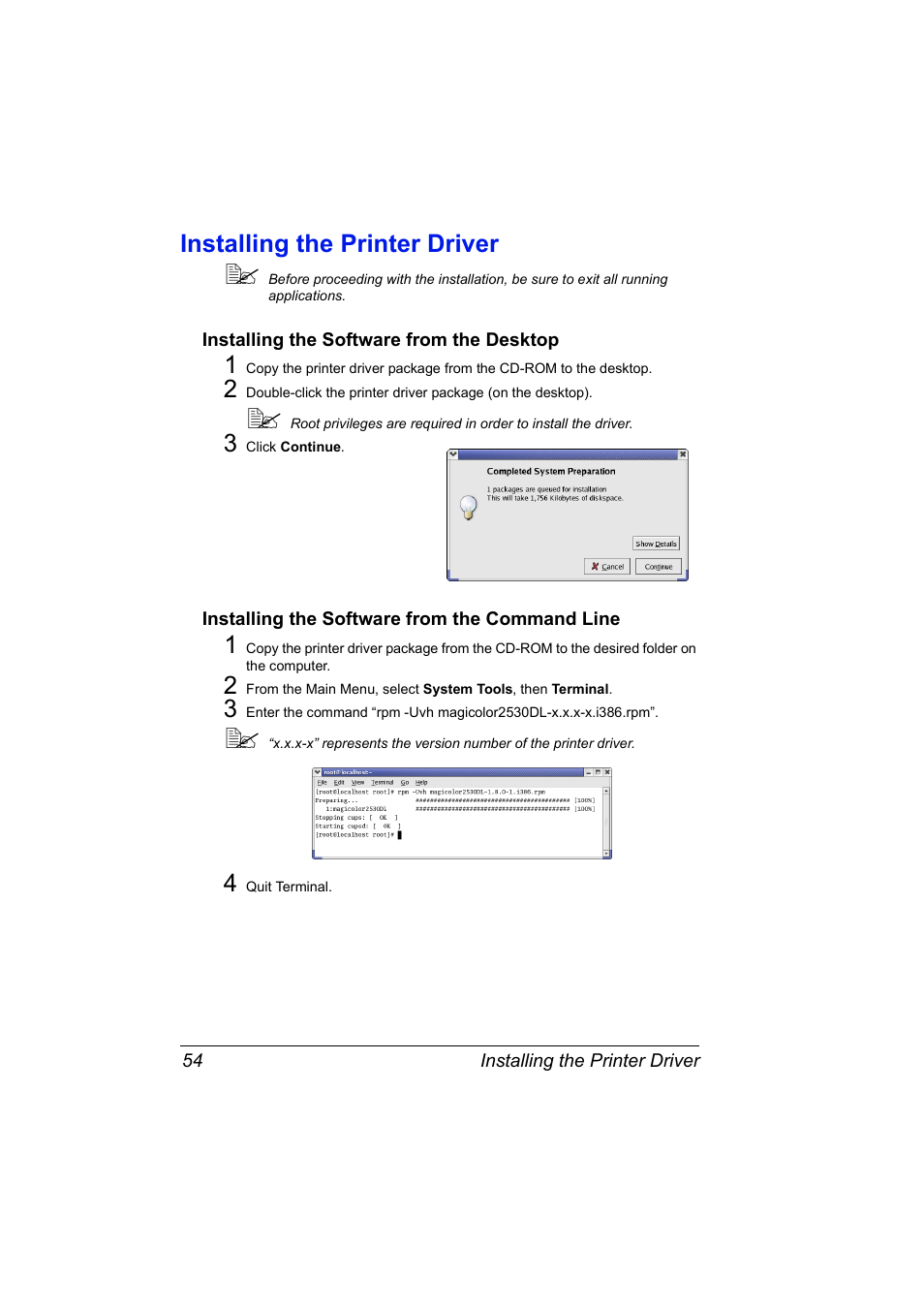 Installing the printer driver, Installing the software from the desktop, Installing the software from the command line | Installing the printer driver 54 | Konica Minolta magicolor 2530DL User Manual | Page 62 / 144