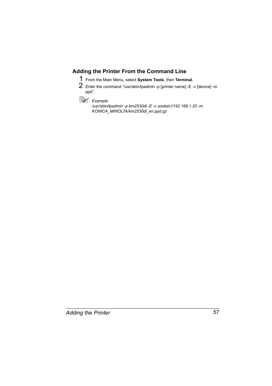Adding the printer from the command line, Adding the printer from the command line 57 | Konica Minolta magicolor 2530DL User Manual | Page 65 / 144
