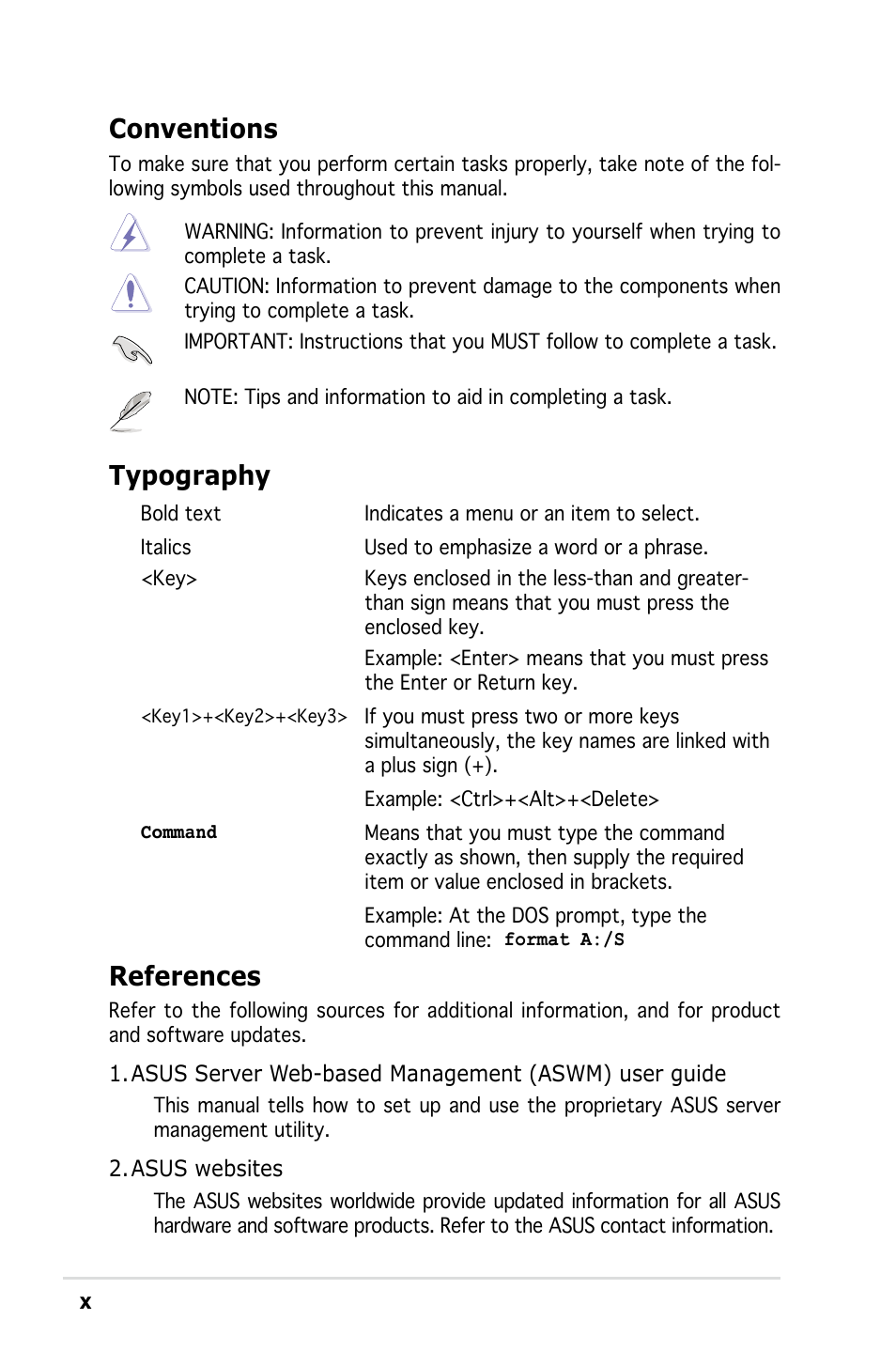 References, Conventions, Typography | Asus Pedestal Server TS100-E4/PI2 User Manual | Page 10 / 158