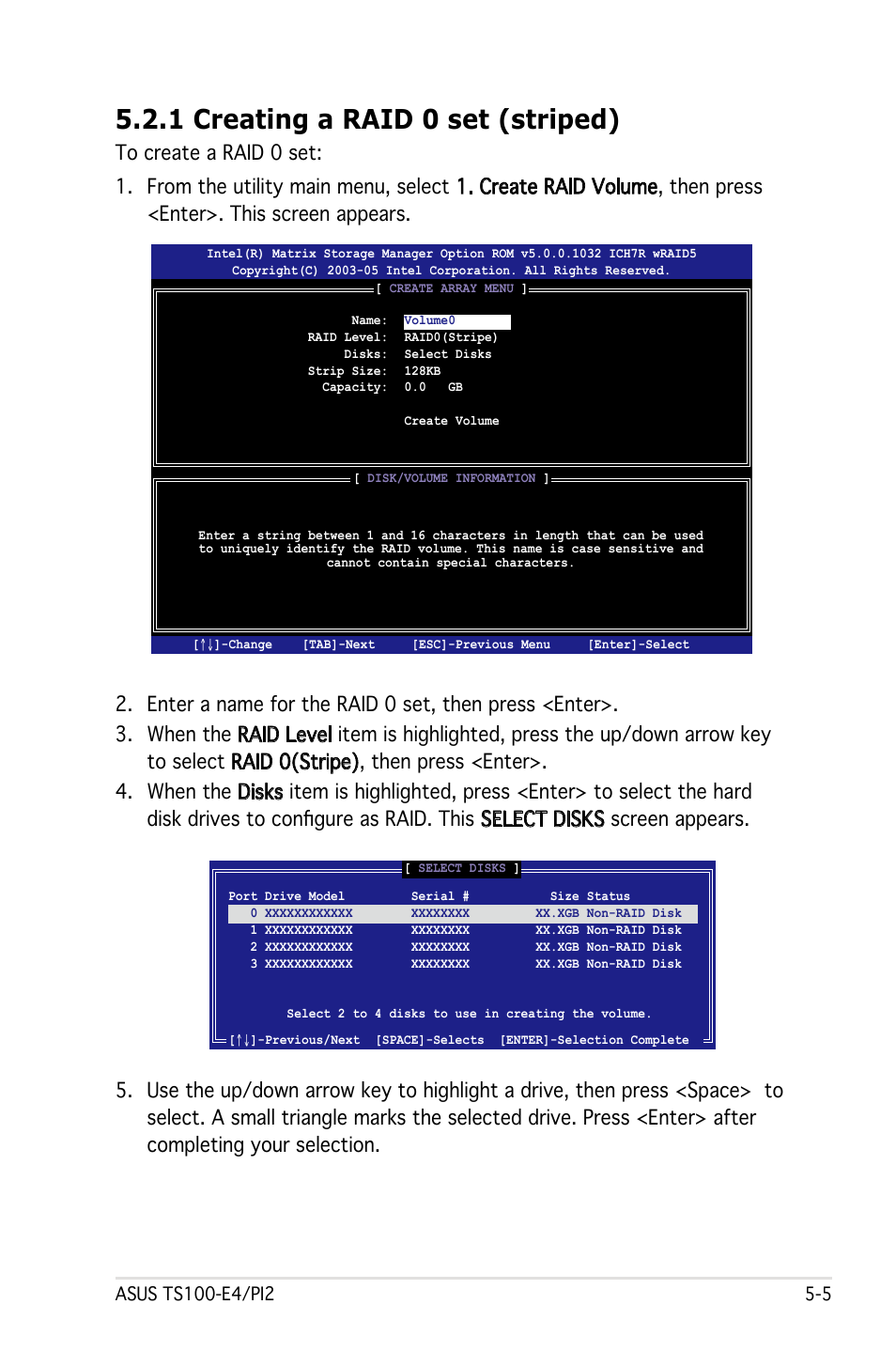 1 creating a raid 0 set (striped) | Asus Pedestal Server TS100-E4/PI2 User Manual | Page 105 / 158