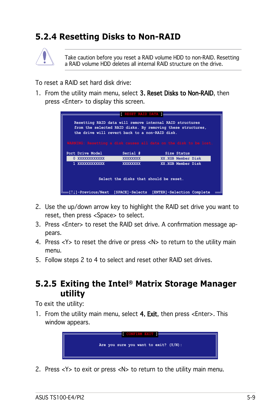 5 exiting the intel, Matrix storage manager utility, 4 resetting disks to non-raid | Asus Pedestal Server TS100-E4/PI2 User Manual | Page 109 / 158