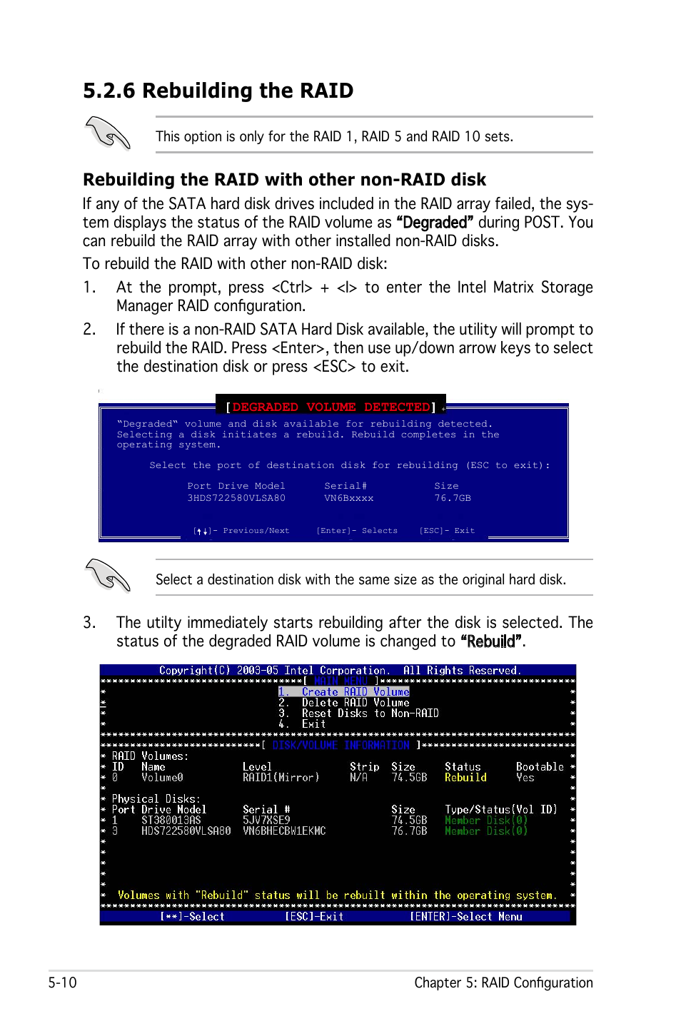 6 rebuilding the raid, Rebuilding the raid with other non-raid disk | Asus Pedestal Server TS100-E4/PI2 User Manual | Page 110 / 158