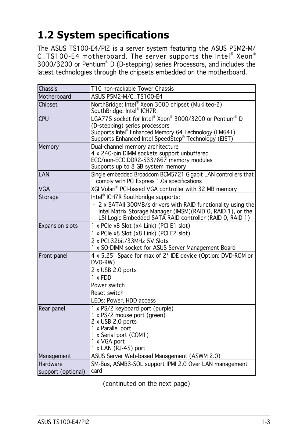 2 system specifications | Asus Pedestal Server TS100-E4/PI2 User Manual | Page 13 / 158