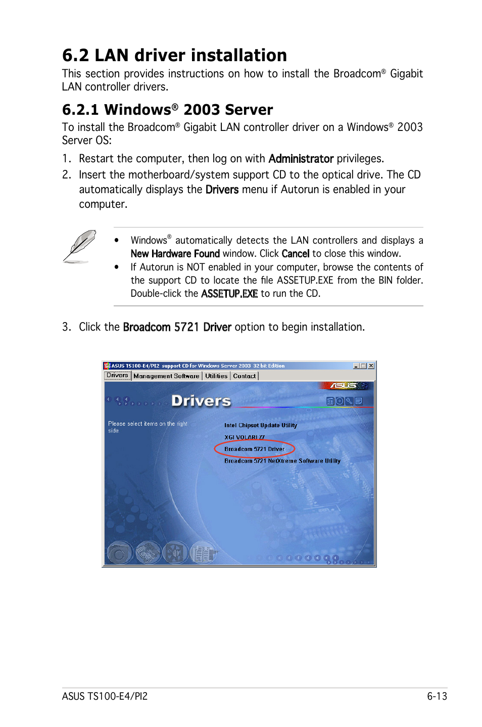 2 lan driver installation, 1 windows, 2003 server | Asus Pedestal Server TS100-E4/PI2 User Manual | Page 147 / 158