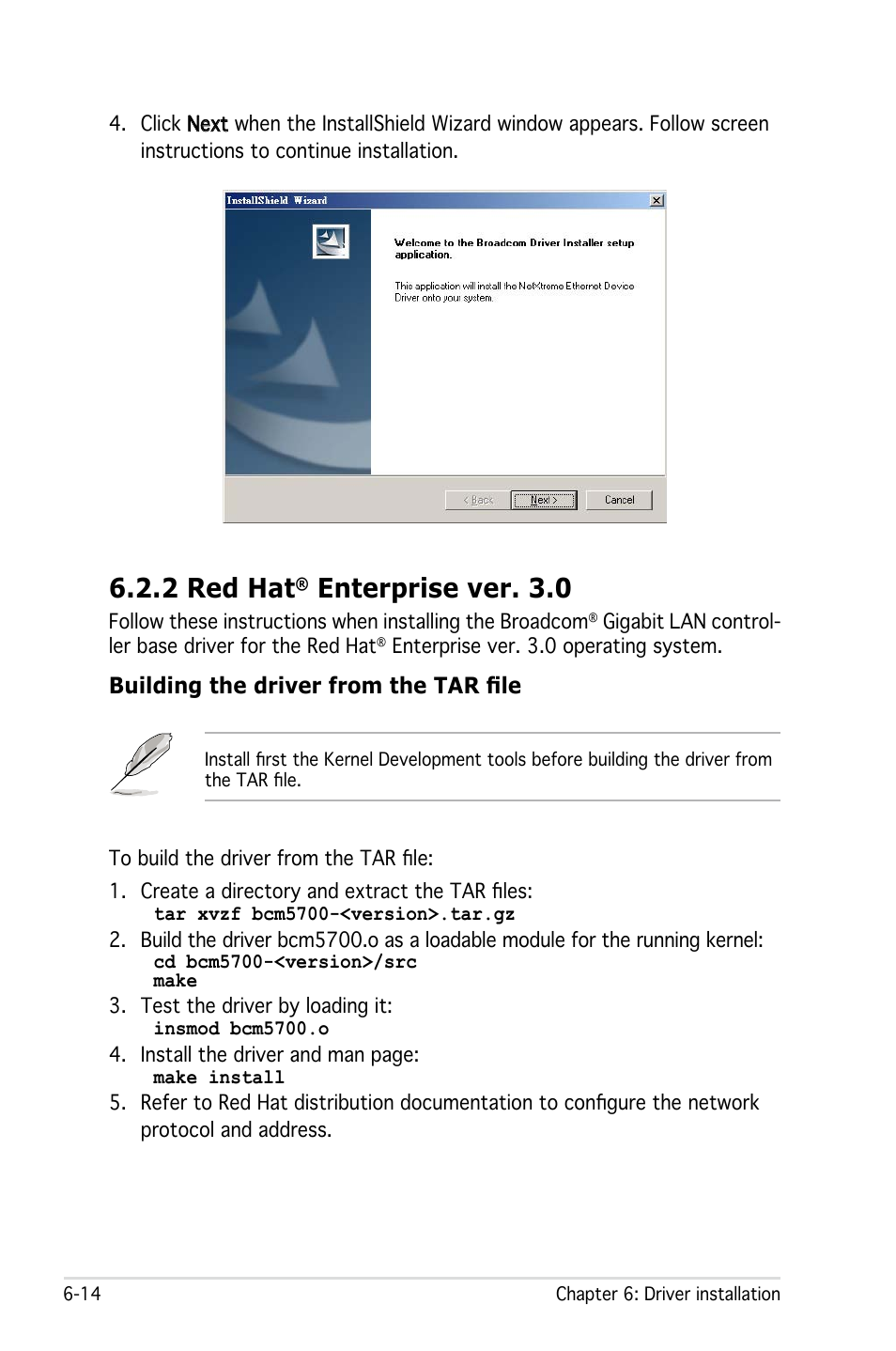 2 red hat, Enterprise ver. 3.0, Building the driver from the tar file | Asus Pedestal Server TS100-E4/PI2 User Manual | Page 148 / 158