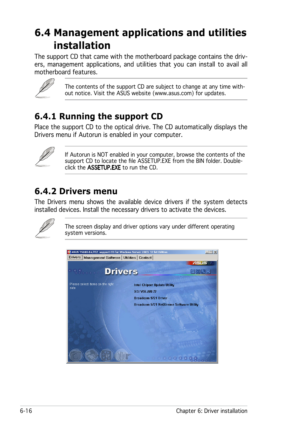 1 running the support cd, 2 drivers menu | Asus Pedestal Server TS100-E4/PI2 User Manual | Page 150 / 158