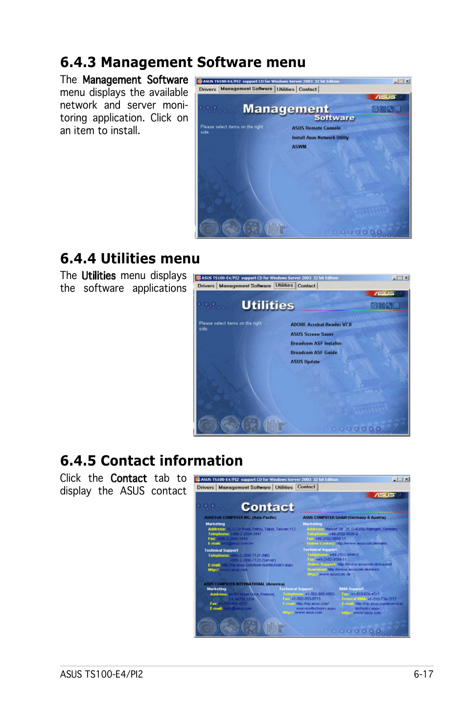 3 management software menu, 4 utilities menu, 5 contact information | Asus Pedestal Server TS100-E4/PI2 User Manual | Page 151 / 158