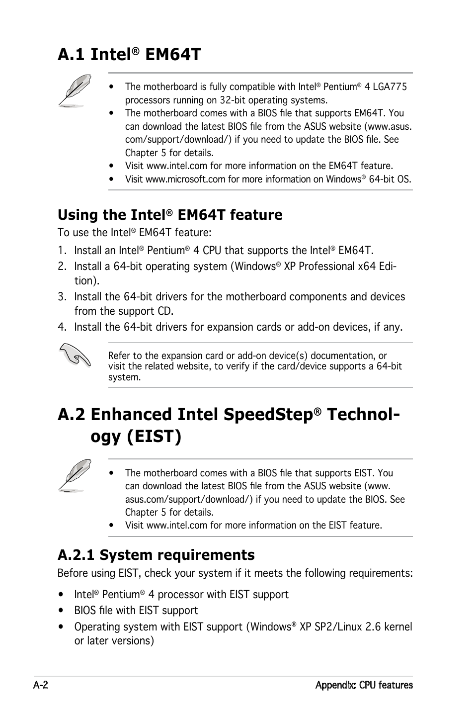 A.1 intel, Em64t, A.2 enhanced intel speedstep | Technol- ogy (eist), Using the intel, Em64t feature, A.2.1 system requirements | Asus Pedestal Server TS100-E4/PI2 User Manual | Page 154 / 158