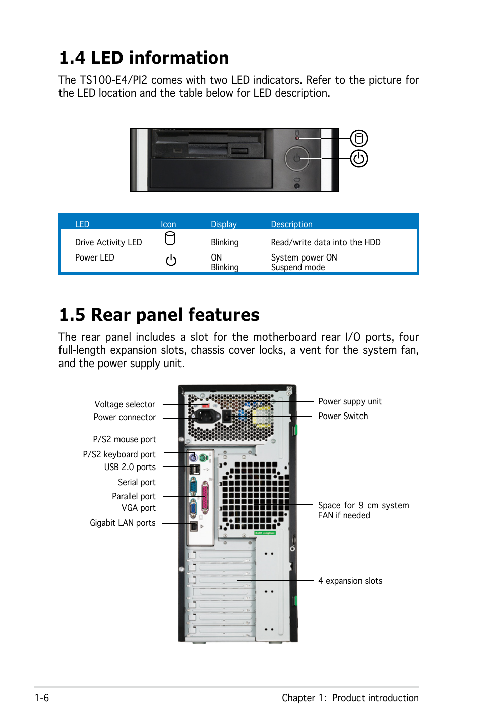 5 rear panel features, 4 led information | Asus Pedestal Server TS100-E4/PI2 User Manual | Page 16 / 158