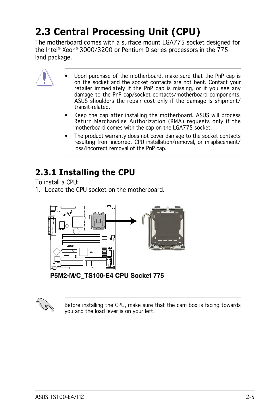 3 central processing unit (cpu), 1 installing the cpu | Asus Pedestal Server TS100-E4/PI2 User Manual | Page 23 / 158