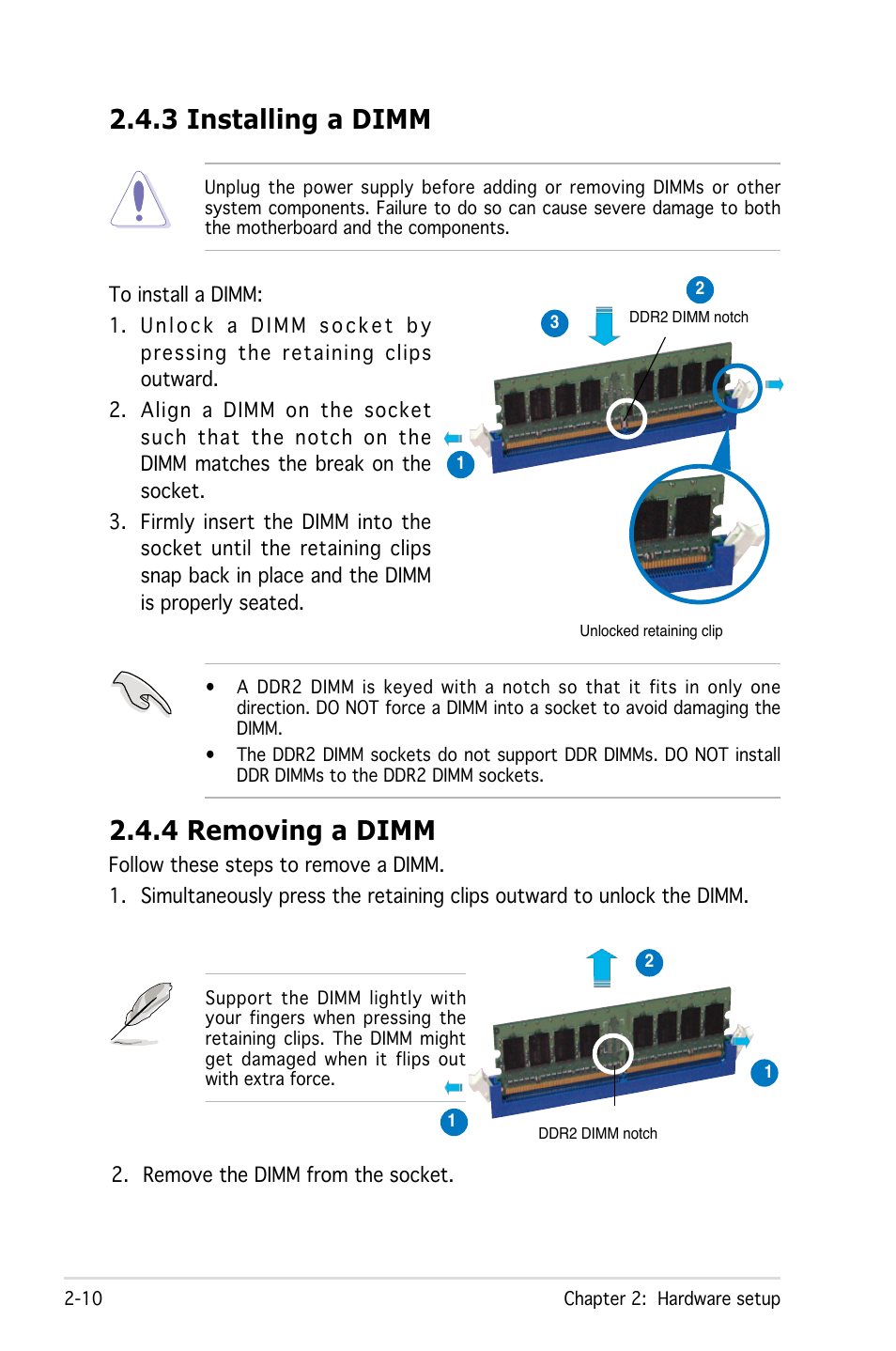 3 installing a dimm, 4 removing a dimm | Asus Pedestal Server TS100-E4/PI2 User Manual | Page 28 / 158