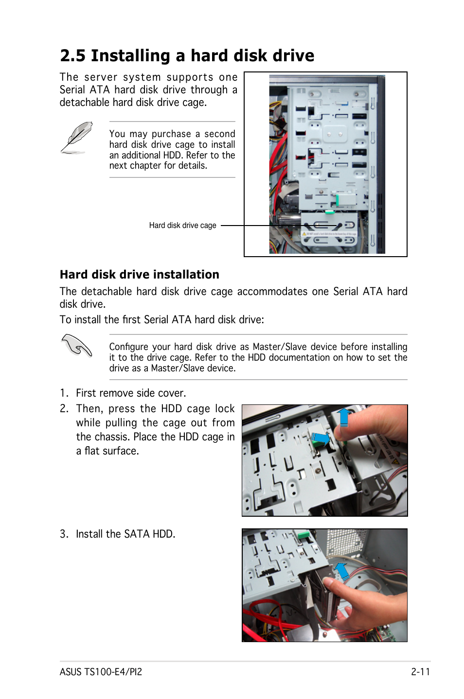 5 installing a hard disk drive | Asus Pedestal Server TS100-E4/PI2 User Manual | Page 29 / 158