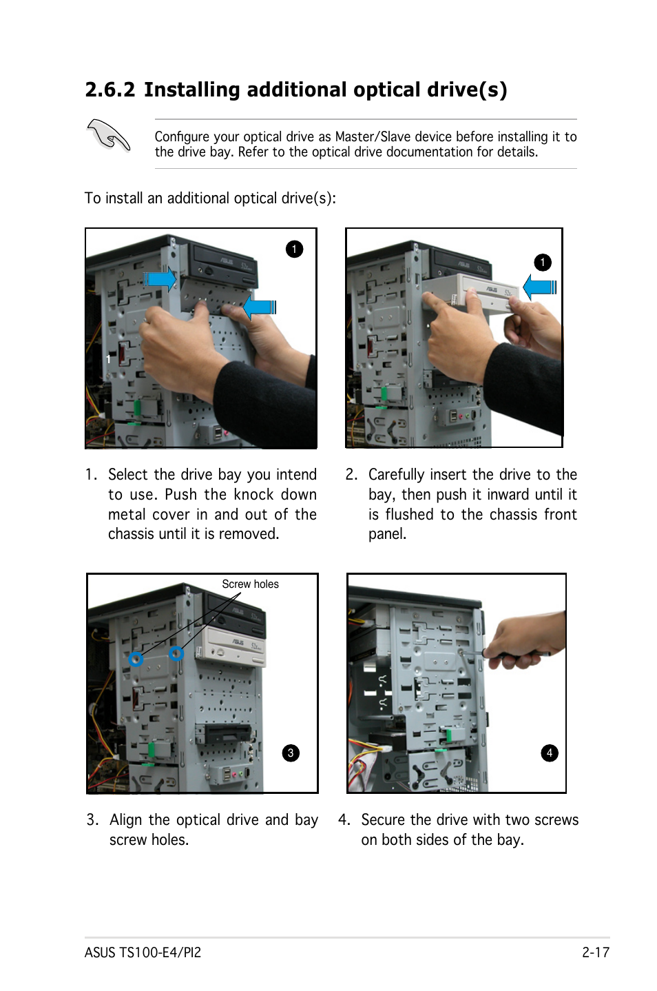 2 installing additional optical drive(s) | Asus Pedestal Server TS100-E4/PI2 User Manual | Page 35 / 158
