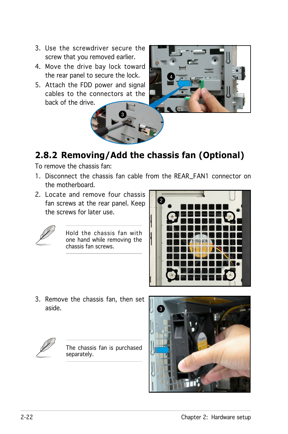 2 removing/add the chassis fan (optional) | Asus Pedestal Server TS100-E4/PI2 User Manual | Page 40 / 158