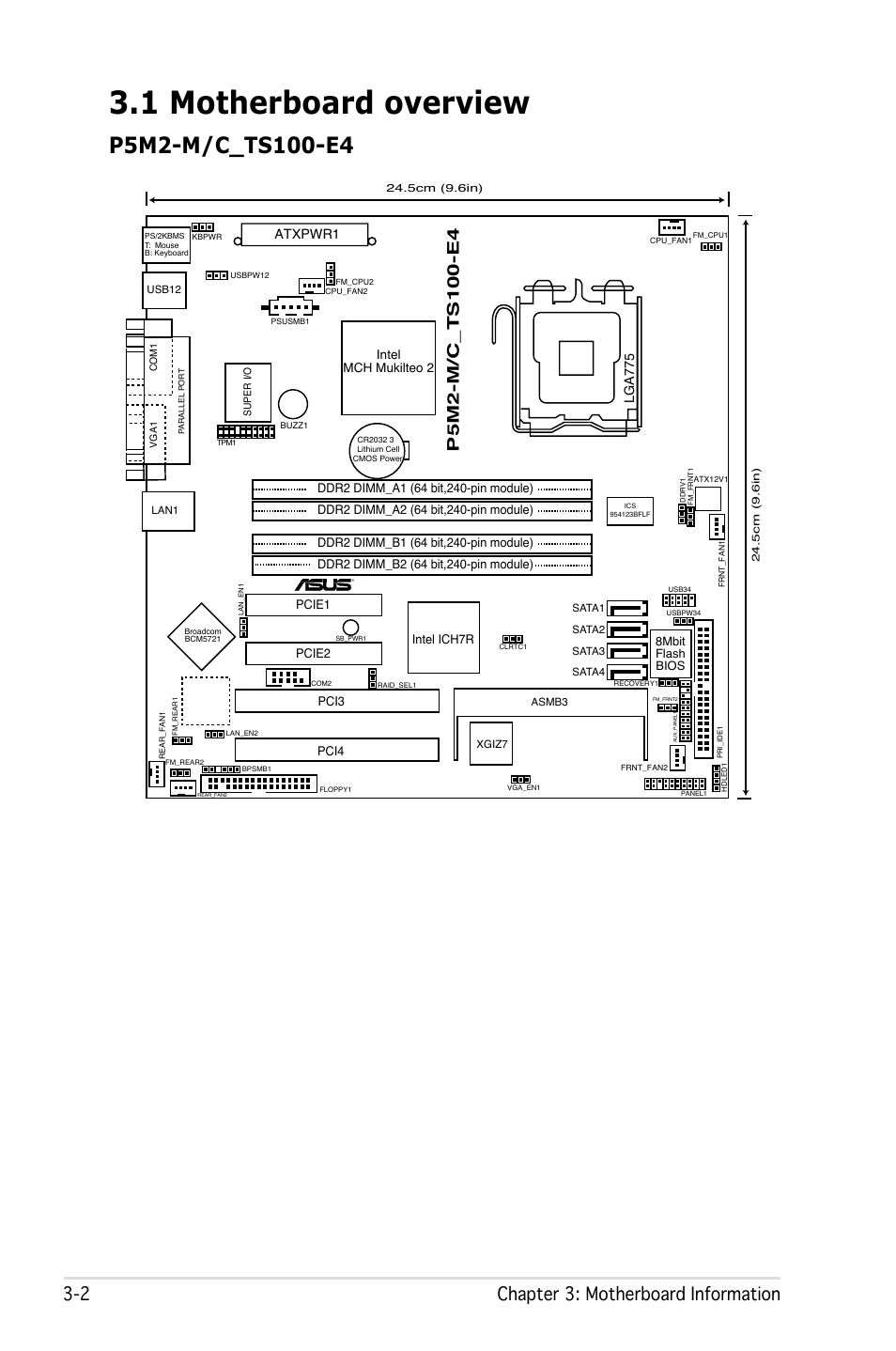 1 motherboard overview, 2 chapter 3: motherboard information, Atxpwr1 | Lga775, Intel mch mukilteo 2 | Asus Pedestal Server TS100-E4/PI2 User Manual | Page 44 / 158