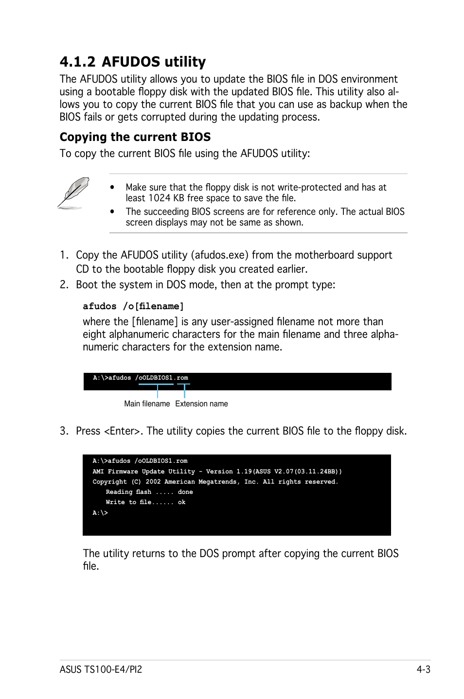 2 afudos utility, Copying the current bios | Asus Pedestal Server TS100-E4/PI2 User Manual | Page 65 / 158