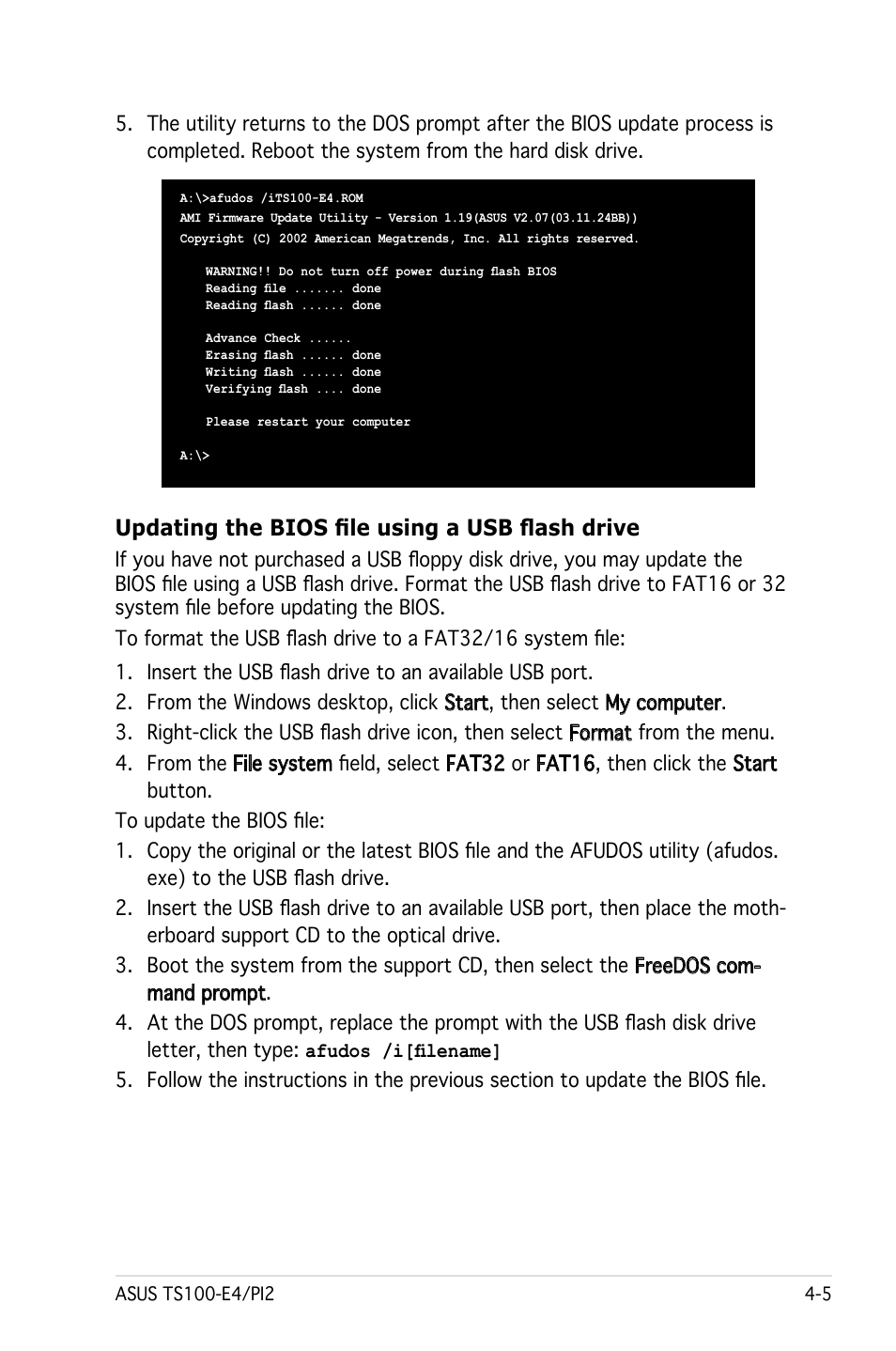 Updating the bios file using a usb flash drive | Asus Pedestal Server TS100-E4/PI2 User Manual | Page 67 / 158