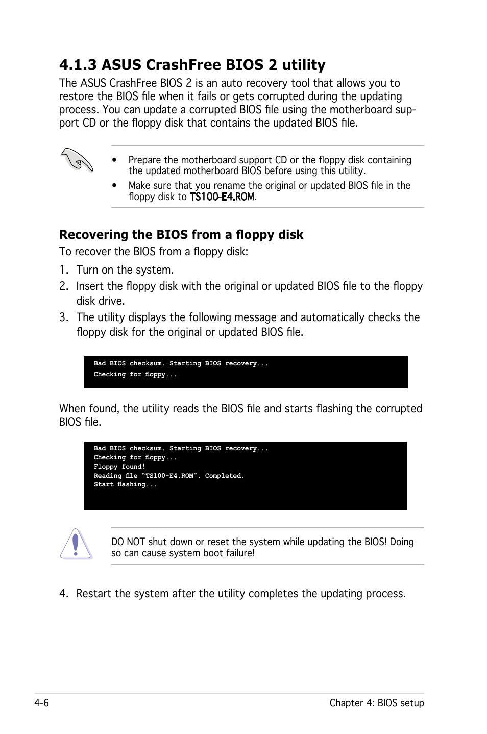 3 asus crashfree bios 2 utility, Recovering the bios from a floppy disk | Asus Pedestal Server TS100-E4/PI2 User Manual | Page 68 / 158