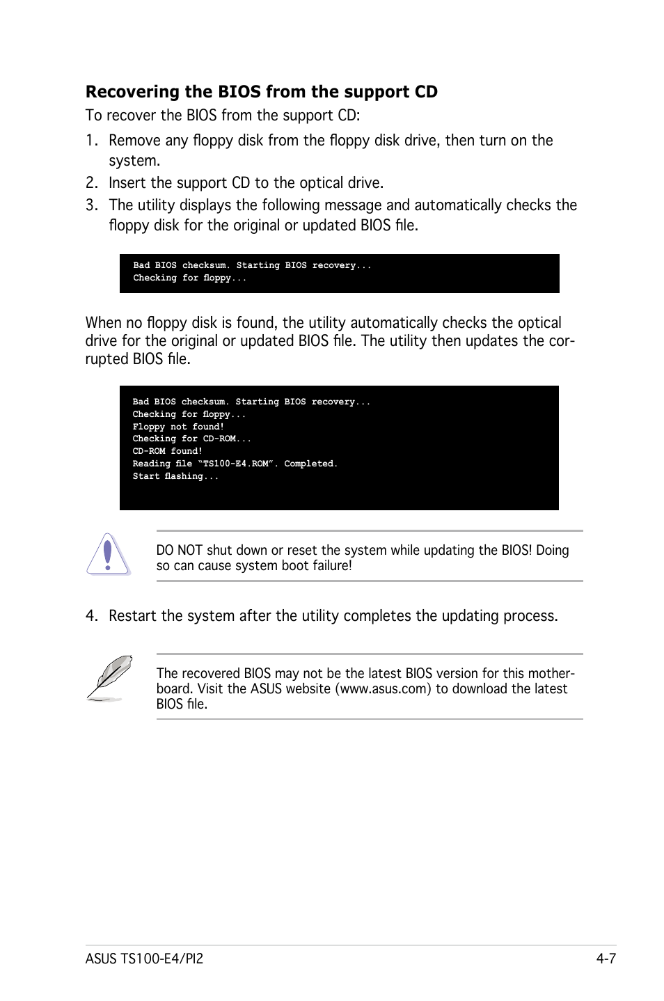 Recovering the bios from the support cd | Asus Pedestal Server TS100-E4/PI2 User Manual | Page 69 / 158