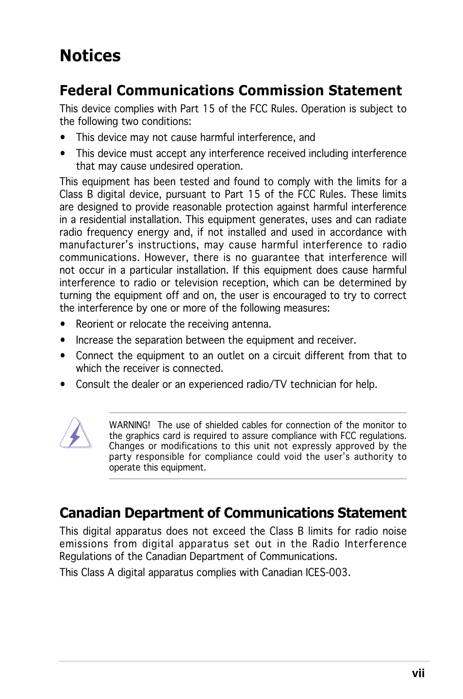 Notices, Federal communications commission statement, Canadian department of communications statement | Asus Pedestal Server TS100-E4/PI2 User Manual | Page 7 / 158