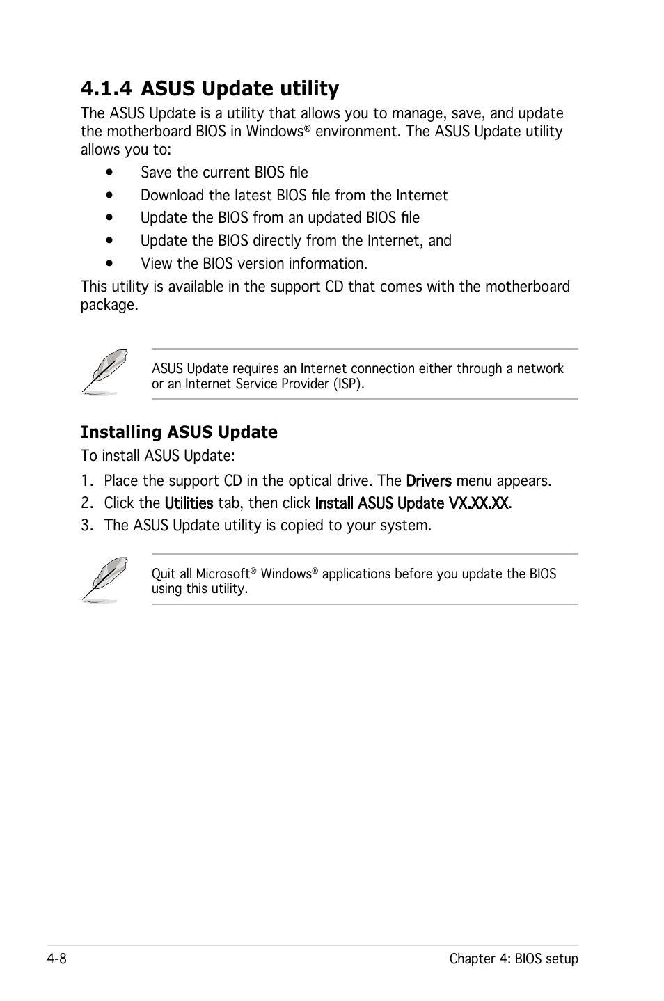 4 asus update utility, Installing asus update | Asus Pedestal Server TS100-E4/PI2 User Manual | Page 70 / 158