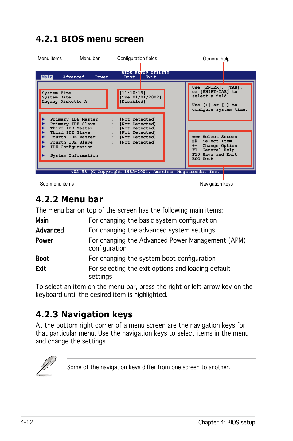 2 menu bar, 3 navigation keys, 1 bios menu screen | Asus Pedestal Server TS100-E4/PI2 User Manual | Page 74 / 158