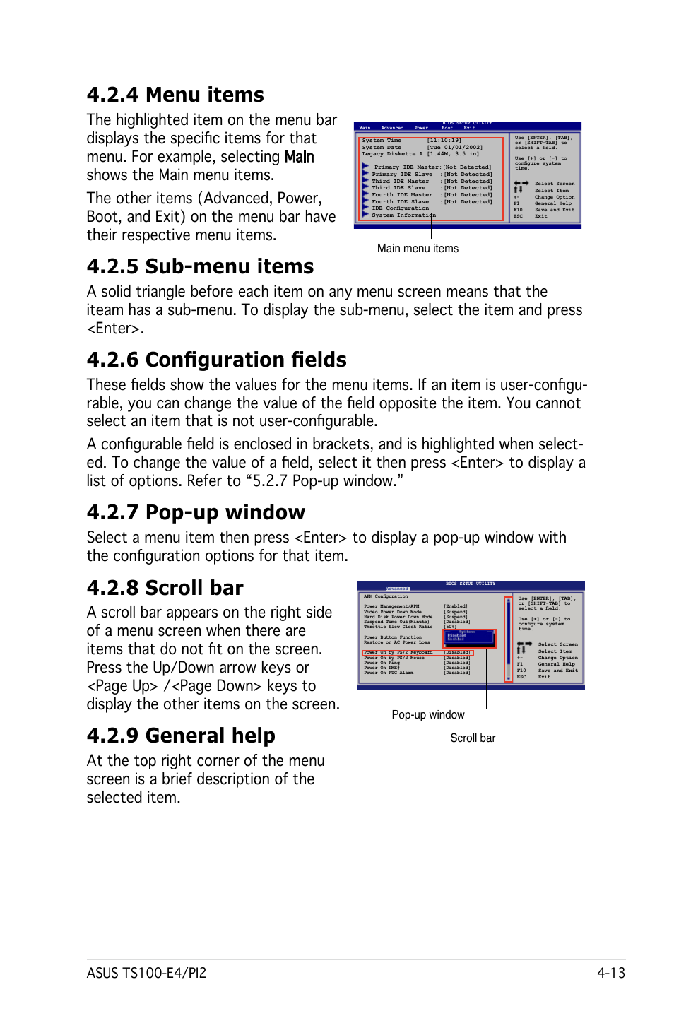 4 menu items, 5 sub-menu items, 6 configuration fields | 7 pop-up window, 8 scroll bar, 9 general help, Main menu items, Scroll bar pop-up window | Asus Pedestal Server TS100-E4/PI2 User Manual | Page 75 / 158