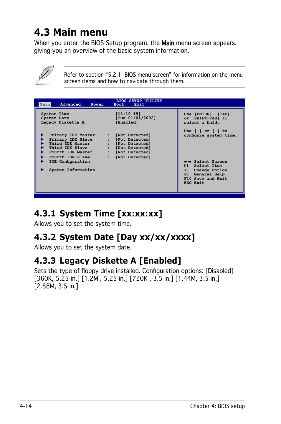 3 main menu, 1 system time [xx:xx:xx, 3 legacy diskette a [enabled | Allows you to set the system time, Allows you to set the system date | Asus Pedestal Server TS100-E4/PI2 User Manual | Page 76 / 158