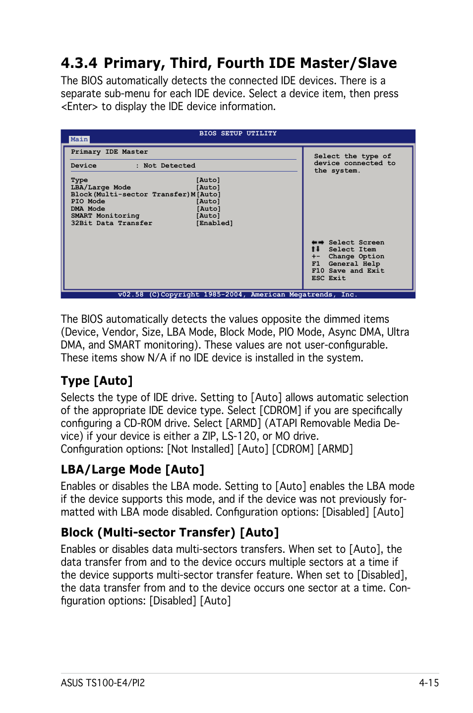 4 primary, third, fourth ide master/slave, Type [auto, Lba/large mode [auto | Block (multi-sector transfer) [auto | Asus Pedestal Server TS100-E4/PI2 User Manual | Page 77 / 158