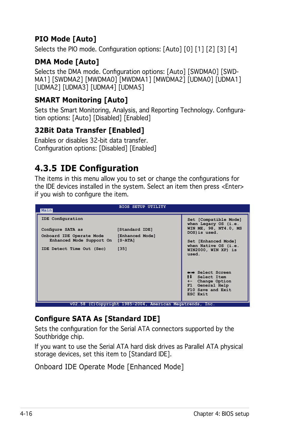 5 ide configuration, Pio mode [auto, Dma mode [auto | Smart monitoring [auto, 32bit data transfer [enabled, Configure sata as [standard ide, Onboard ide operate mode [enhanced mode | Asus Pedestal Server TS100-E4/PI2 User Manual | Page 78 / 158