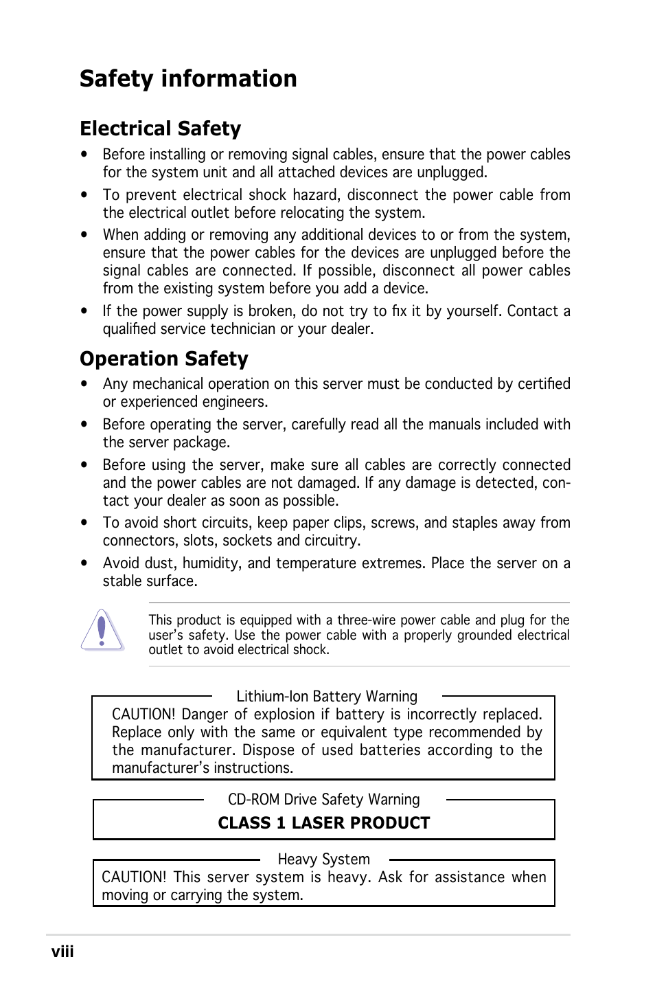 Safety information, Electrical safety, Operation safety | Asus Pedestal Server TS100-E4/PI2 User Manual | Page 8 / 158