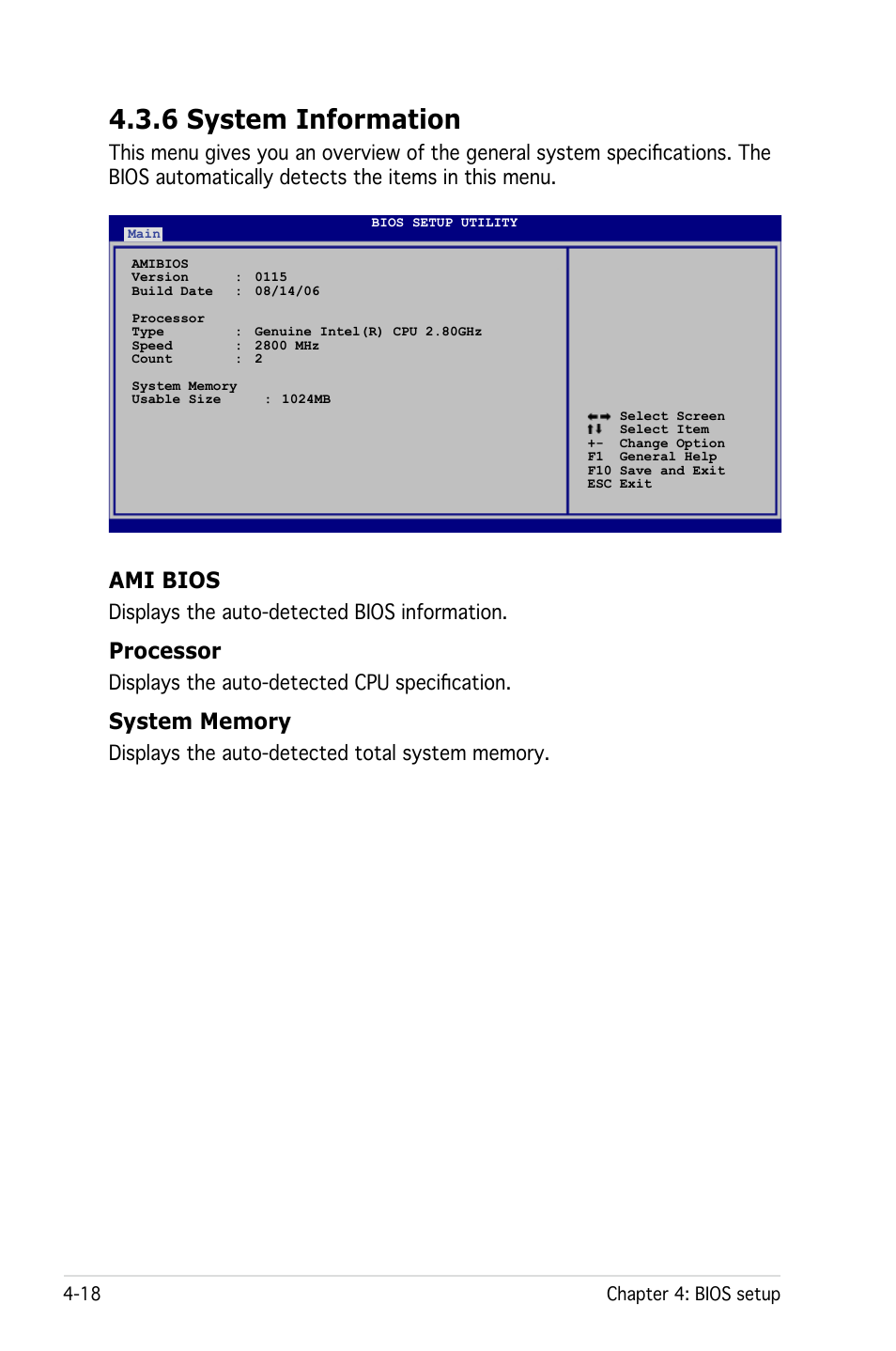 6 system information, Ami bios, Processor | Displays the auto-detected bios information, Displays the auto‑detected cpu specification | Asus Pedestal Server TS100-E4/PI2 User Manual | Page 80 / 158