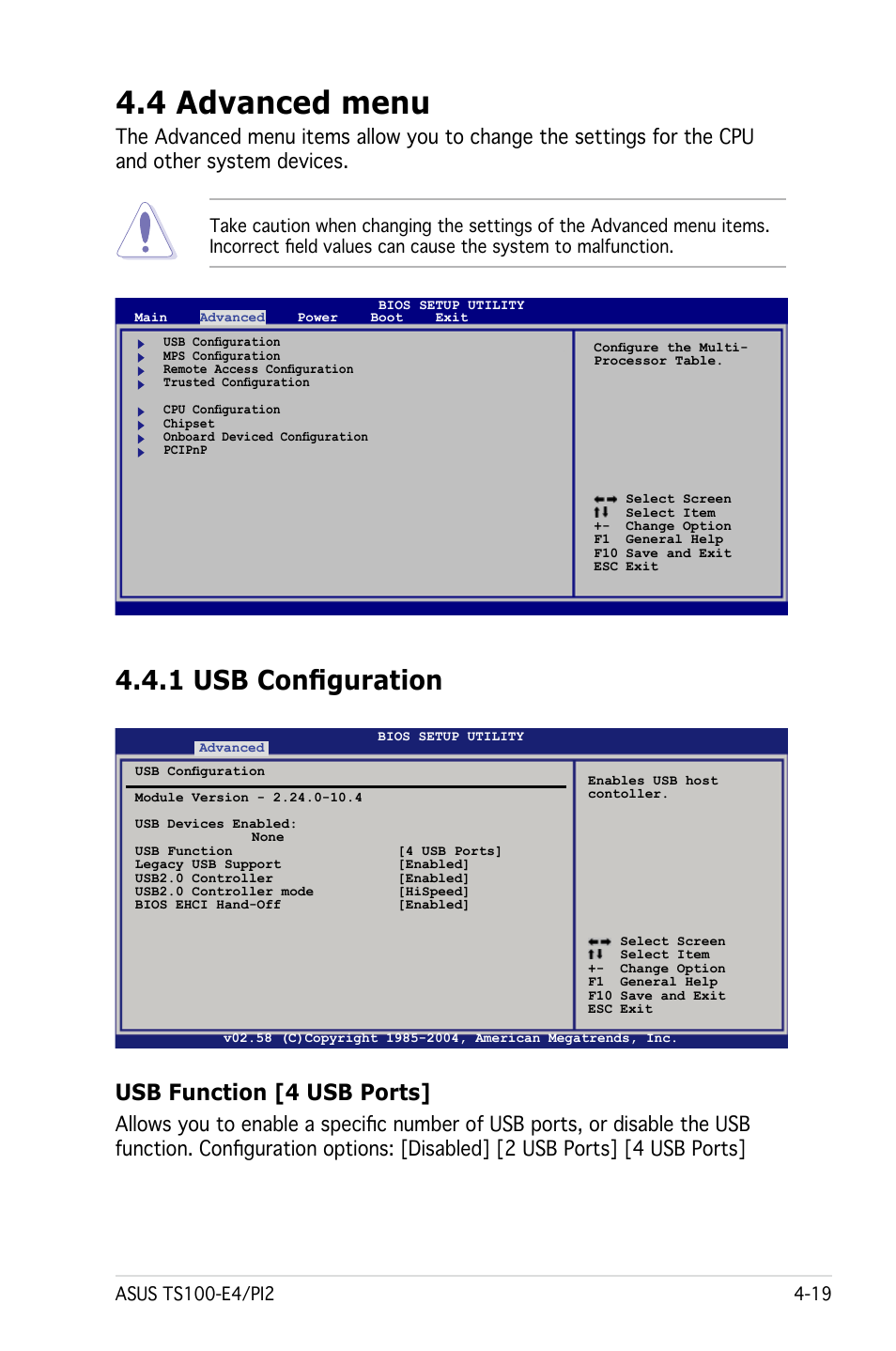 4 advanced menu, 1 usb configuration, Usb function [4 usb ports | Asus Pedestal Server TS100-E4/PI2 User Manual | Page 81 / 158