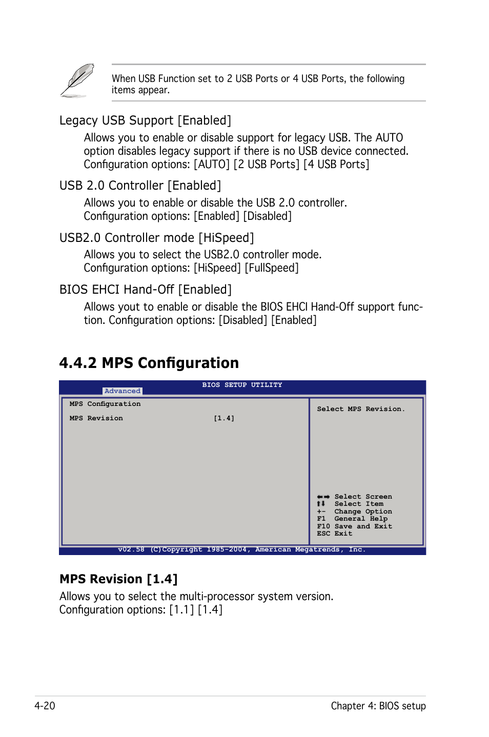 2 mps configuration, Mps revision [1.4, Legacy usb support [enabled | Usb 2.0 controller [enabled, Usb2.0 controller mode [hispeed, Bios ehci hand-off [enabled | Asus Pedestal Server TS100-E4/PI2 User Manual | Page 82 / 158