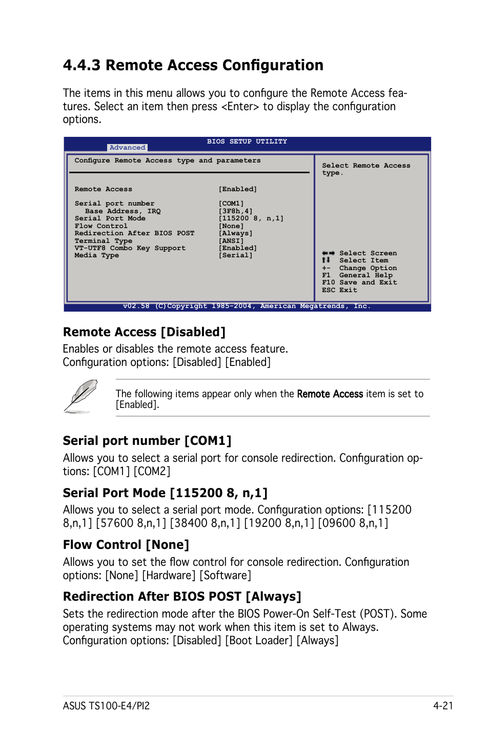 3 remote access configuration, Remote access [disabled, Serial port number [com1 | Flow control [none, Redirection after bios post [always | Asus Pedestal Server TS100-E4/PI2 User Manual | Page 83 / 158