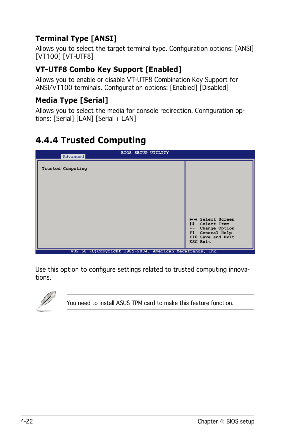 4 trusted computing, Terminal type [ansi, Vt-utf8 combo key support [enabled | Media type [serial | Asus Pedestal Server TS100-E4/PI2 User Manual | Page 84 / 158