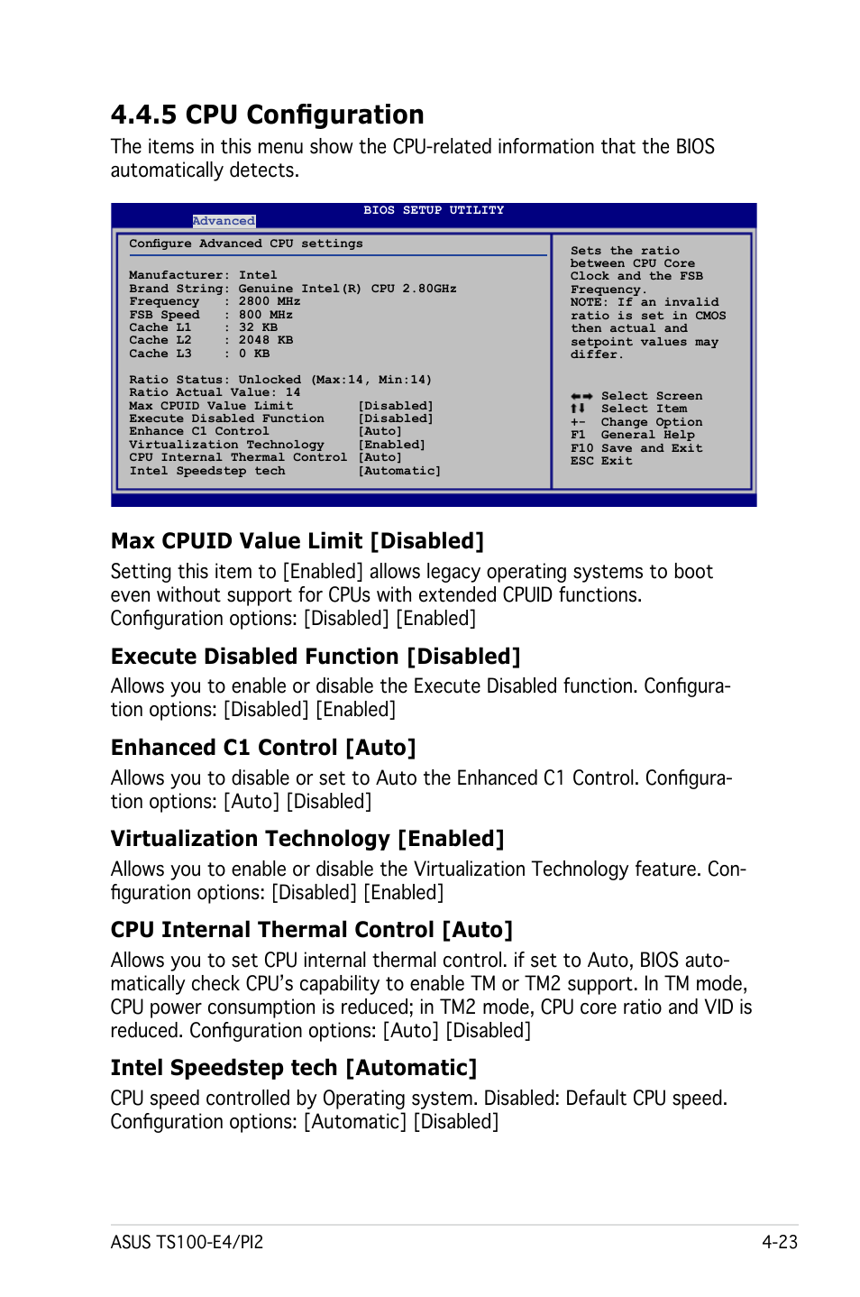 5 cpu configuration, Max cpuid value limit [disabled, Execute disabled function [disabled | Enhanced c1 control [auto, Virtualization technology [enabled, Cpu internal thermal control [auto, Intel speedstep tech [automatic | Asus Pedestal Server TS100-E4/PI2 User Manual | Page 85 / 158