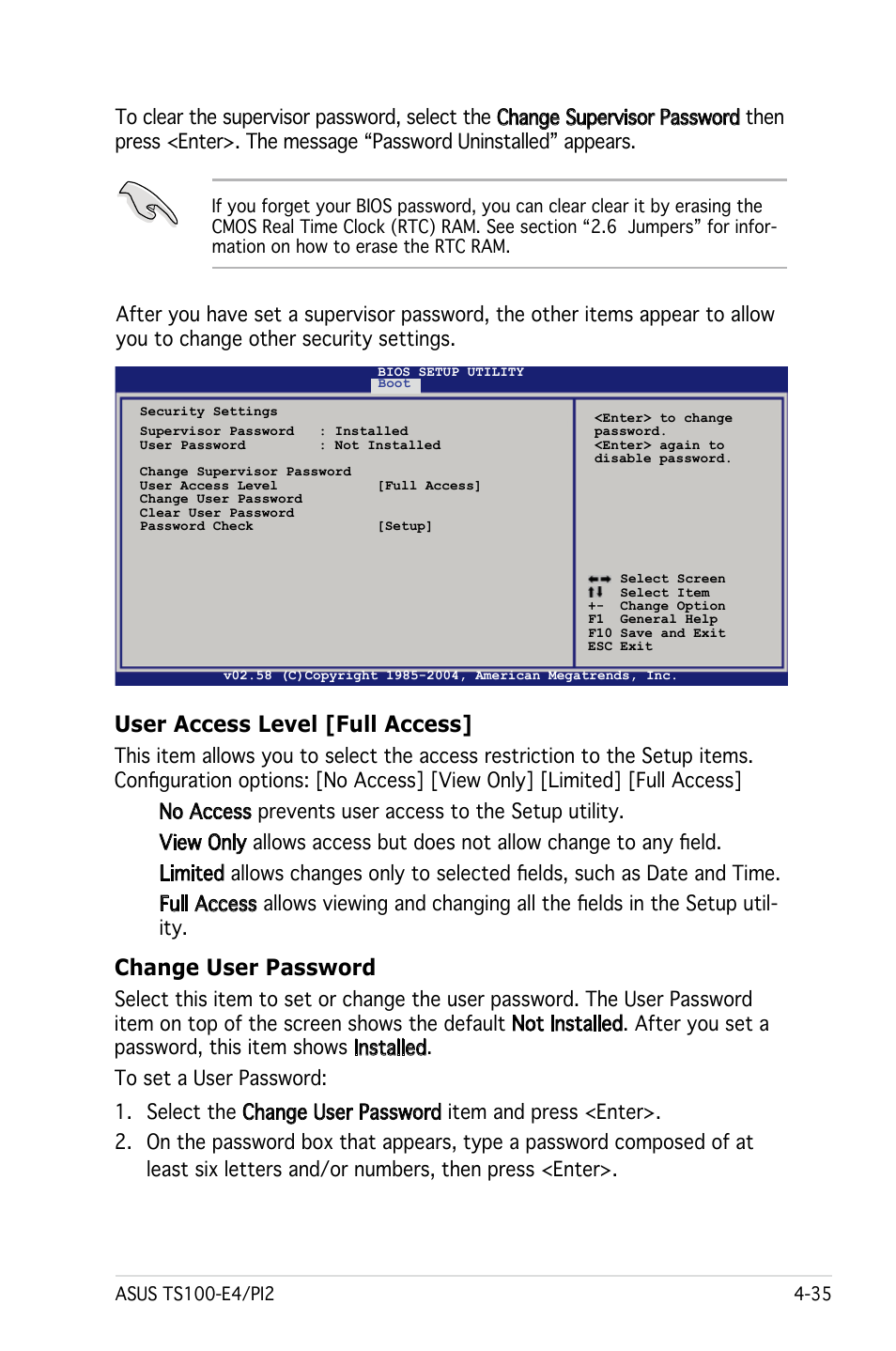 User access level [full access, Change user password | Asus Pedestal Server TS100-E4/PI2 User Manual | Page 97 / 158