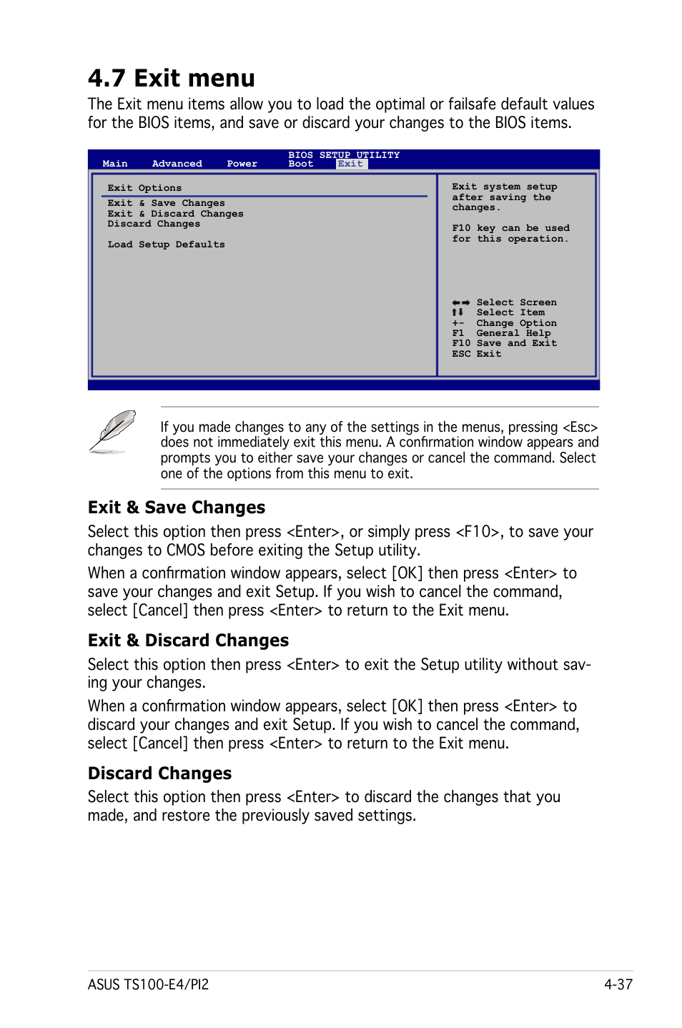 7 exit menu, Exit & save changes, Exit & discard changes | Discard changes | Asus Pedestal Server TS100-E4/PI2 User Manual | Page 99 / 158